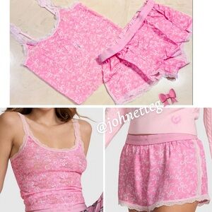 PINK × LoveShackFancy Lace Cami & Silky Pajama Shorts Set of 2 Tossed Bows SMALL